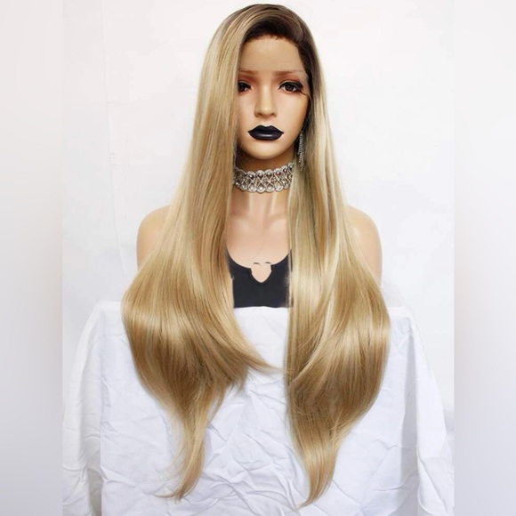 13*3*1 T-Part Loose Wave Human Hair blend Ombre Champagne Blonde with Dark Roots - Picture 2 of 8